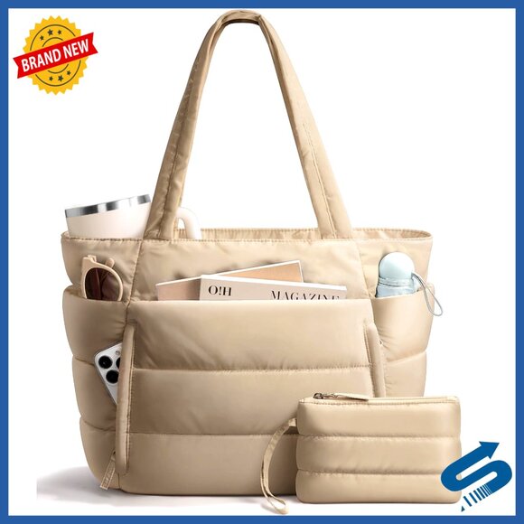 Handbags - Lightweight Puffer Tote Bag with Laptop Sleeve and Tumbler Holder